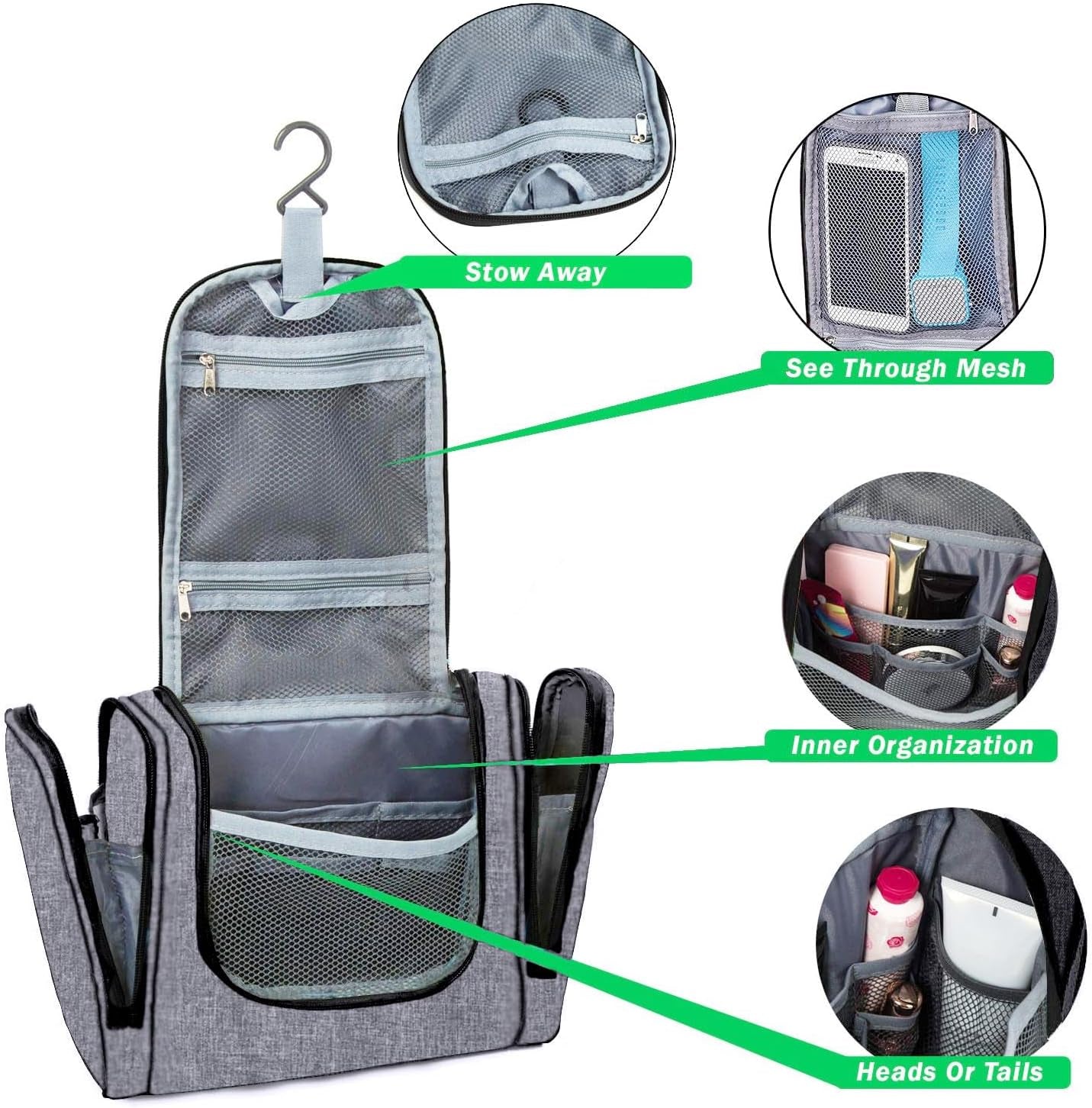 Travel Hanging Toiletry Wash Bag Makeup Cosmetic Organizer - Large Waterproof Hanging Toiletry Bags for Women and Men - Travel Essentials Accessories Hanging Wash Bag (Snowgray)