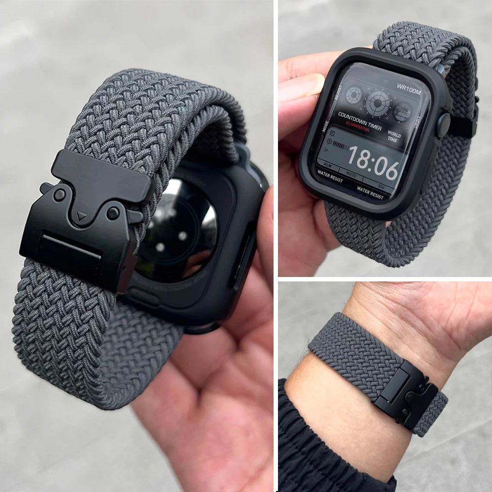 Collage of a gray braided watch strap with black buckle on a smartwatch, close-up, and worn on wrist.