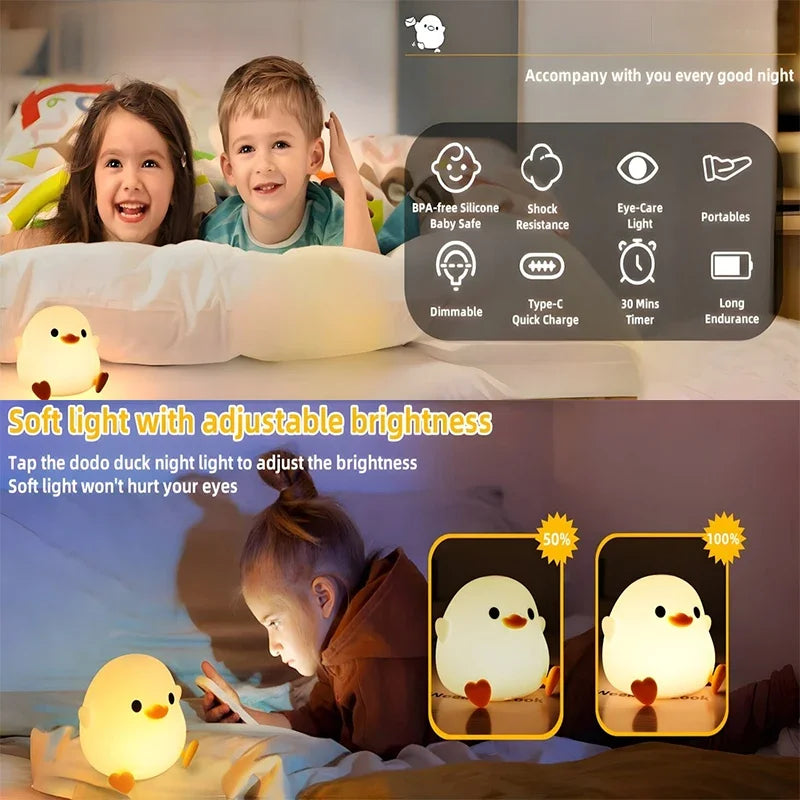 ED Night Light Cute Duck Cartoon Animals Silicone Lamp for Children Kid Touch Sensor Timing USB Rechargeable for Birthday Gifts