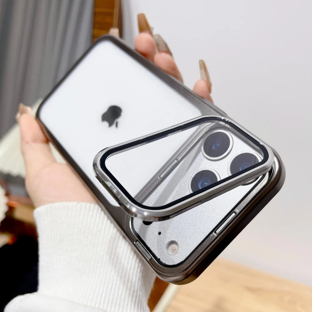 Plating Fold Glass Camera Stand Holder Clear Phone Case For iPhone 17 Pro Max 17 Pro Ultra Thin Transparent Shockproof PC Cover