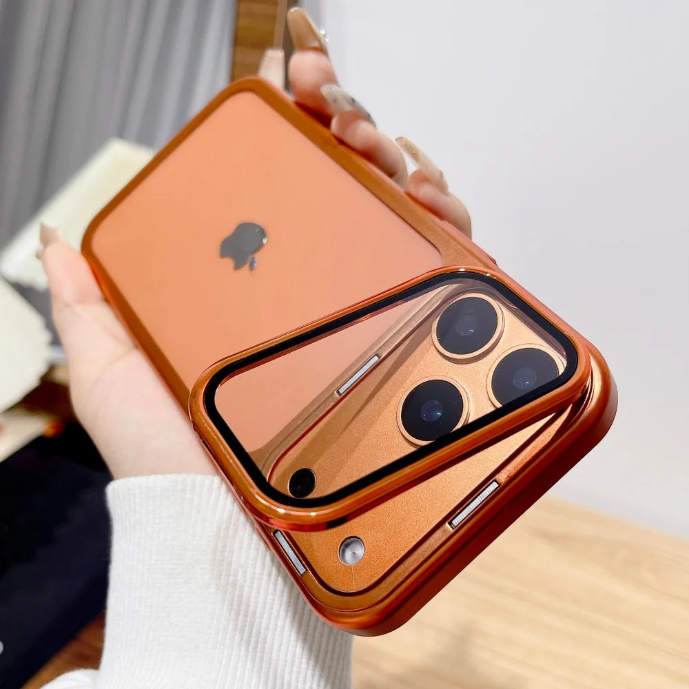 Plating Fold Glass Camera Stand Holder Clear Phone Case For iPhone 17 Pro Max 17 Pro Ultra Thin Transparent Shockproof PC Cover