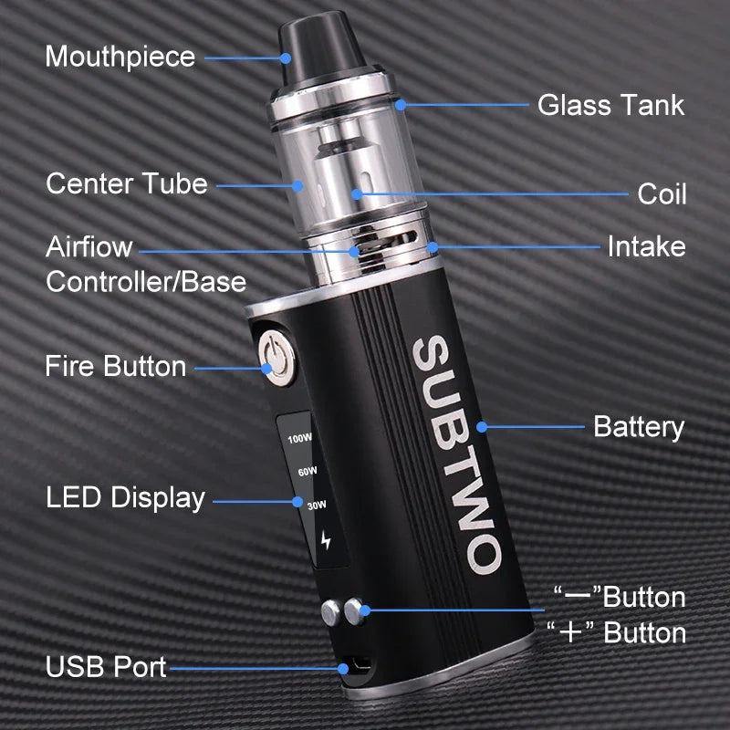 SUBTWO 100W Vape Box Mod E Cigarettes Kit 30W/60W/100W Power Adjust Battery with 0.3ohm 2.5ml Bottom Atomizer Vaper Smoke Pen