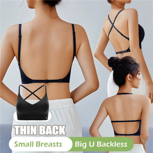 Women Invisible Bra Deep U Plunge Bras Backless Top for Dresses Sexy Lingerie with Transparent Strap Push Up Strapless Underwear