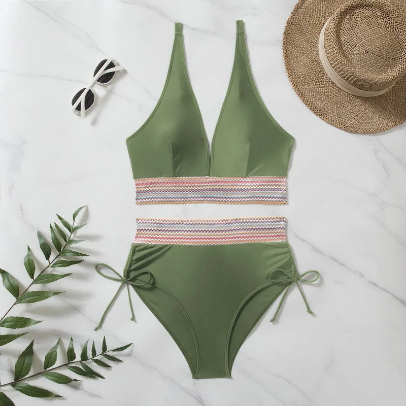 2024 Solid Color Drawstring Bikini Set Fashion High Waist Separate Patchwork Swimwear Drawstring Women Swimsuit Women