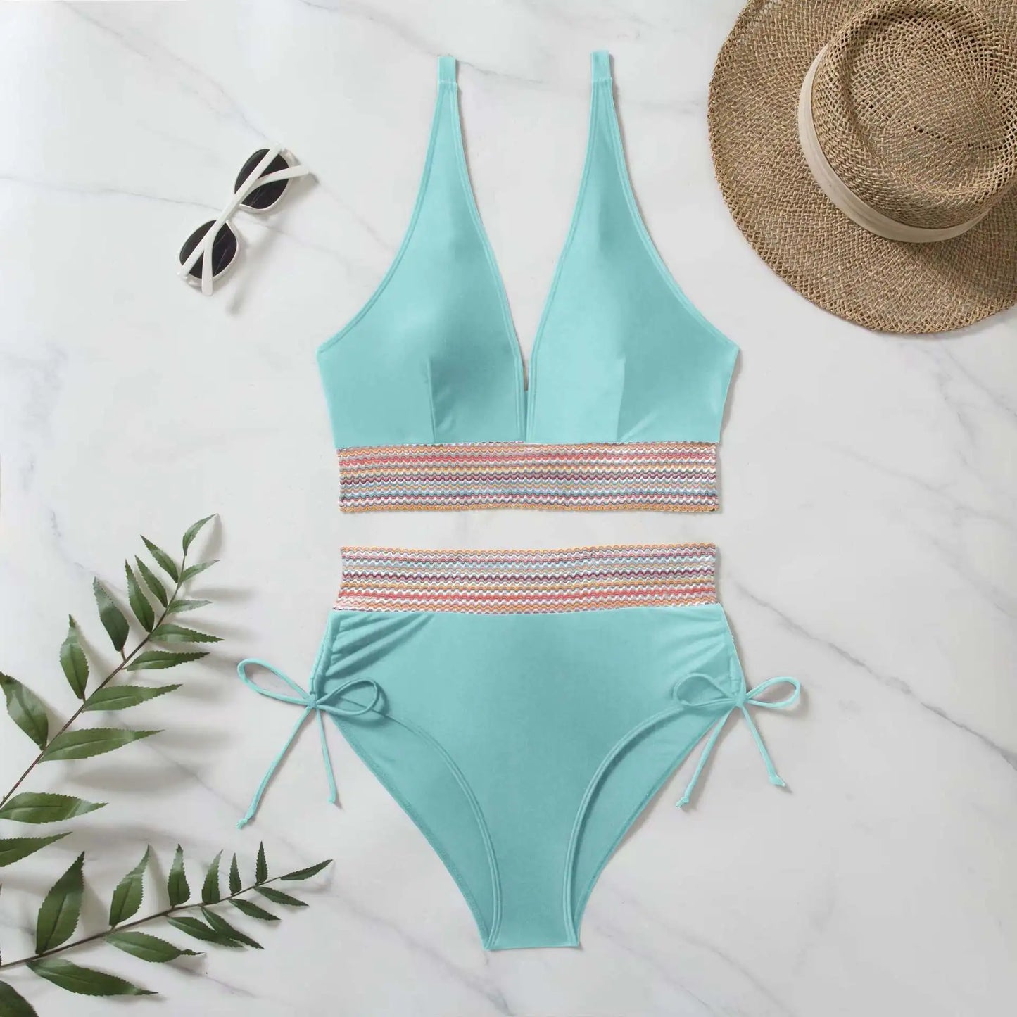 2024 Solid Color Drawstring Bikini Set Fashion High Waist Separate Patchwork Swimwear Drawstring Women Swimsuit Women