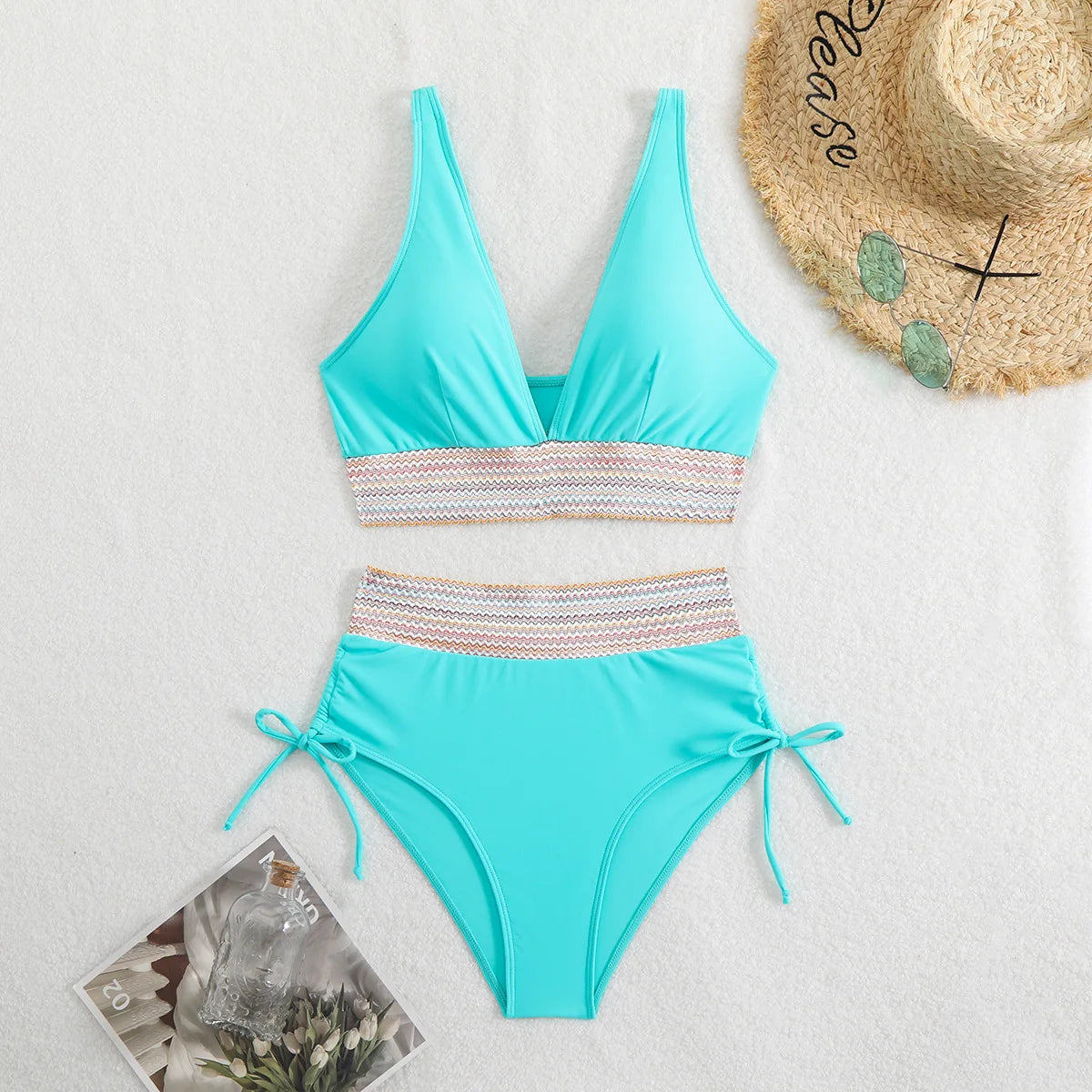 2024 Solid Color Drawstring Bikini Set Fashion High Waist Separate Patchwork Swimwear Drawstring Women Swimsuit Women