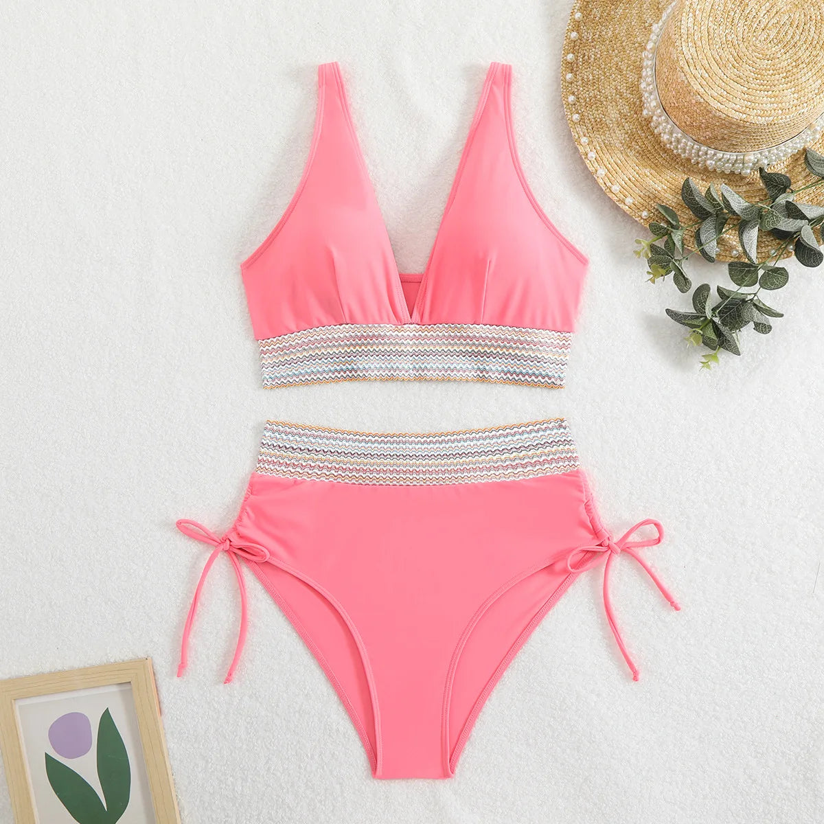 2024 Solid Color Drawstring Bikini Set Fashion High Waist Separate Patchwork Swimwear Drawstring Women Swimsuit Women