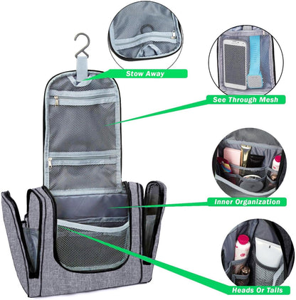 Travel Hanging Toiletry Wash Bag Makeup Cosmetic Organizer - Large Waterproof Hanging Toiletry Bags for Women and Men - Travel Essentials Accessories Hanging Wash Bag (Snowgray)