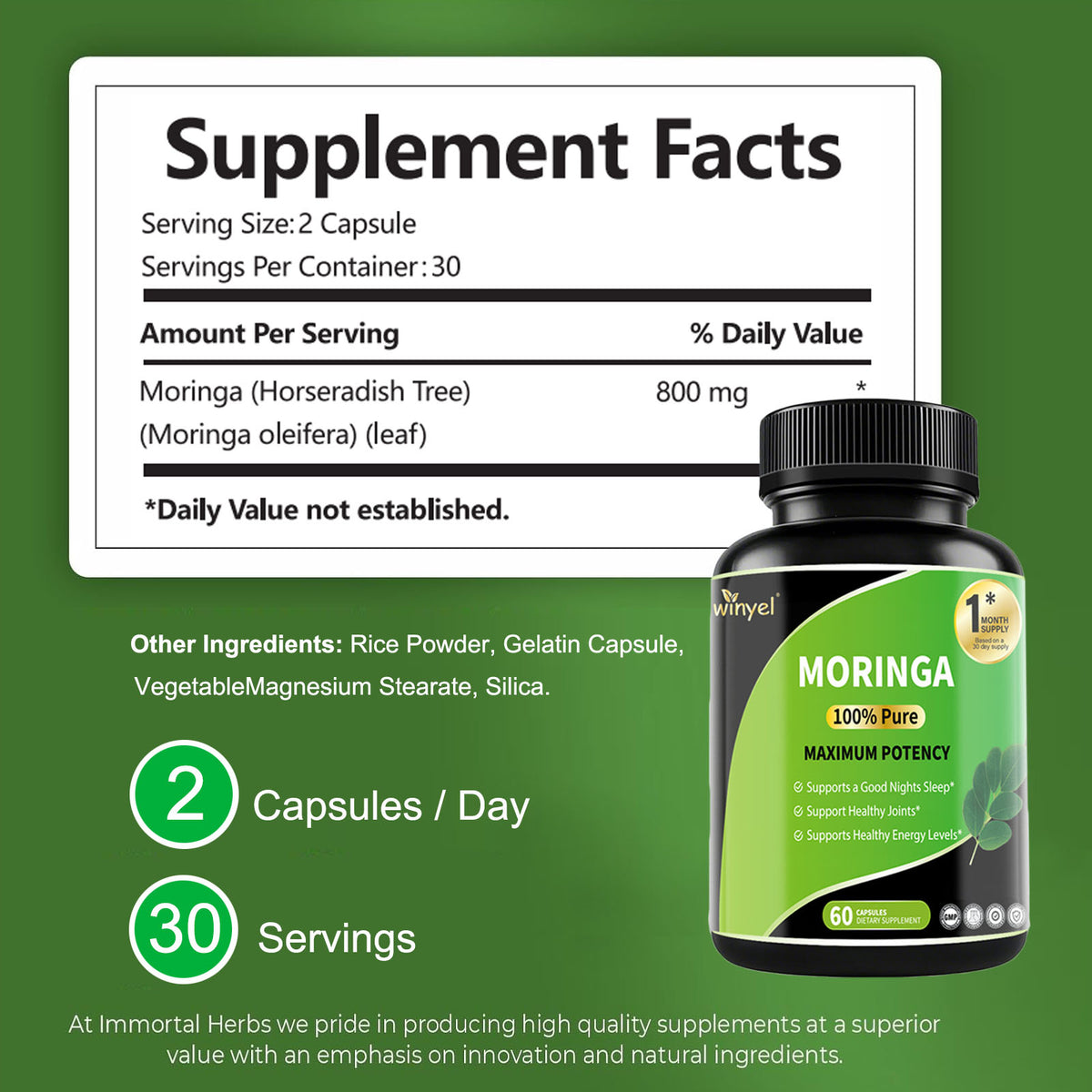 Pure Moringa Capsules – High Potency 60 Caps with Vitamins & Amino Acids