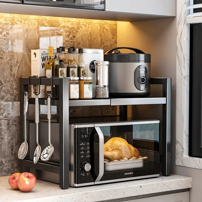Extendable 2-Tier Microwave Rack – Adjustable Kitchen Countertop Organizer
