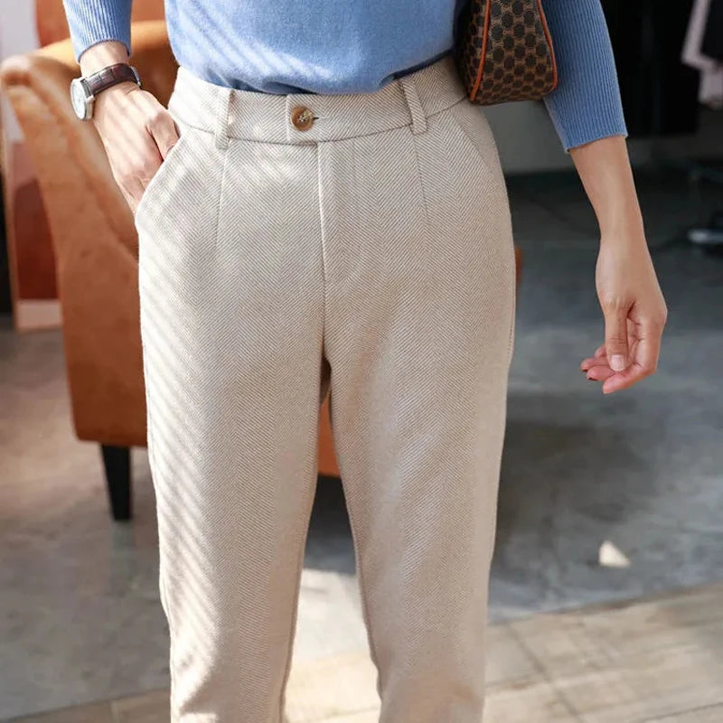 Women's High-Waist Harem Trousers – Wool-Blend Pencil Pants