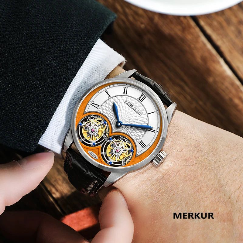 Merkur Men's Genuine Double Tourbillon Watch – Manual, Luxury Formal