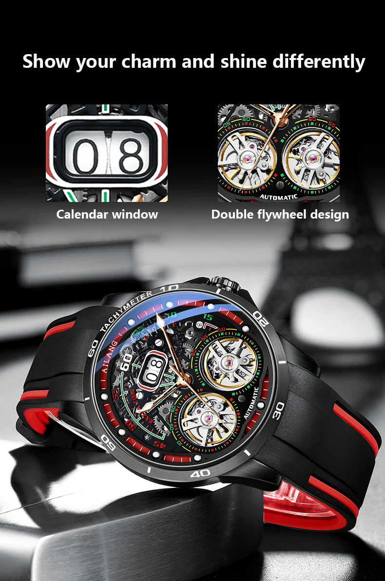 AILANG Men's Automatic Mechanical Watch – Hollow Luminous Dial, Calendar