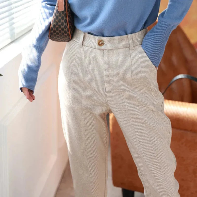 Women's High-Waist Harem Trousers – Wool-Blend Pencil Pants