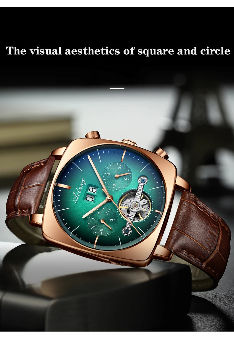 AILANG Men's Automatic Mechanical Watch – Hollow Dial, Calendar, Leather Strap
