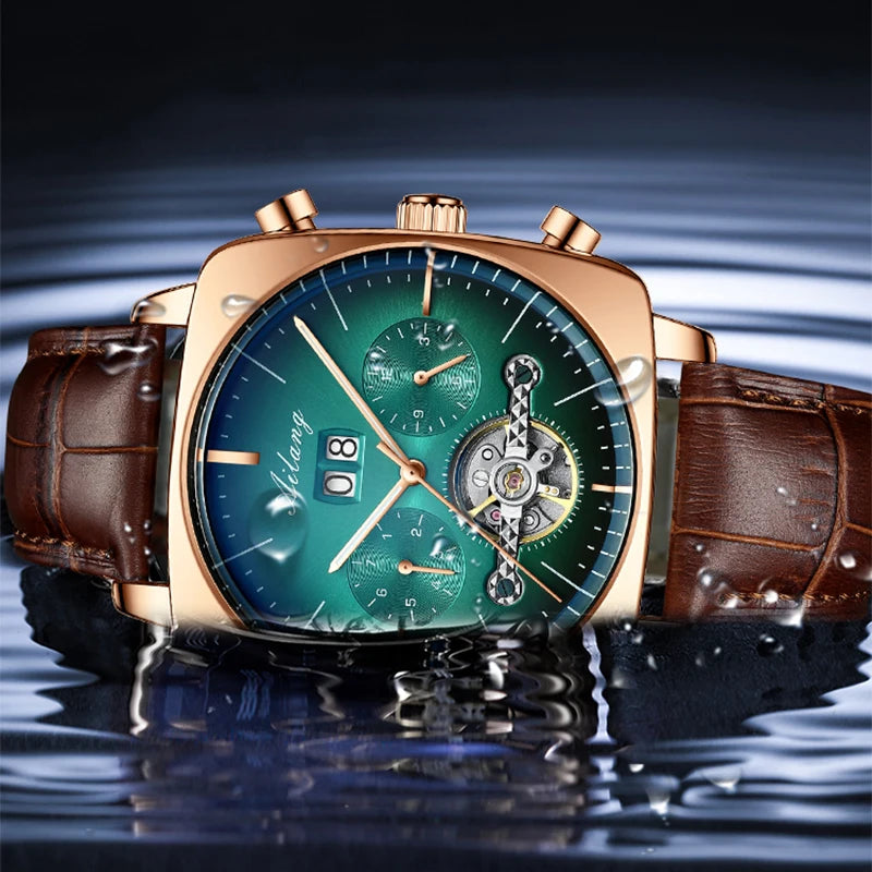 AILANG Men's Automatic Mechanical Watch – Hollow Dial, Calendar, Leather Strap
