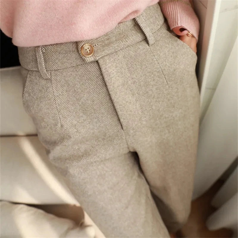 Women's High-Waist Harem Trousers – Wool-Blend Pencil Pants