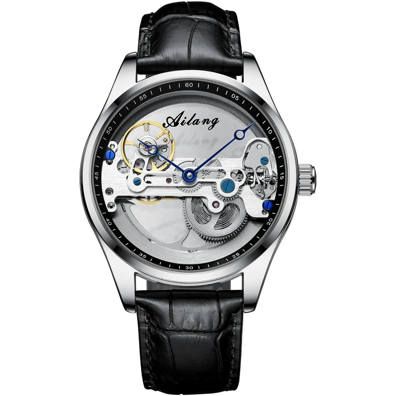 AILANG Men's Hollow Automatic Mechanical Watch – Black Leather, Skeleton Dial