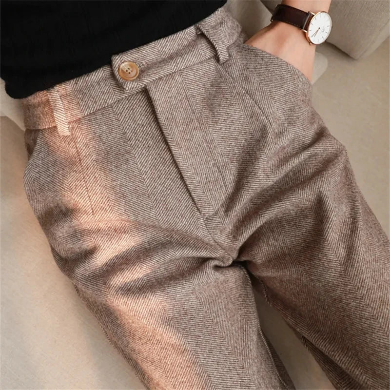 Women's High-Waist Harem Trousers – Wool-Blend Pencil Pants