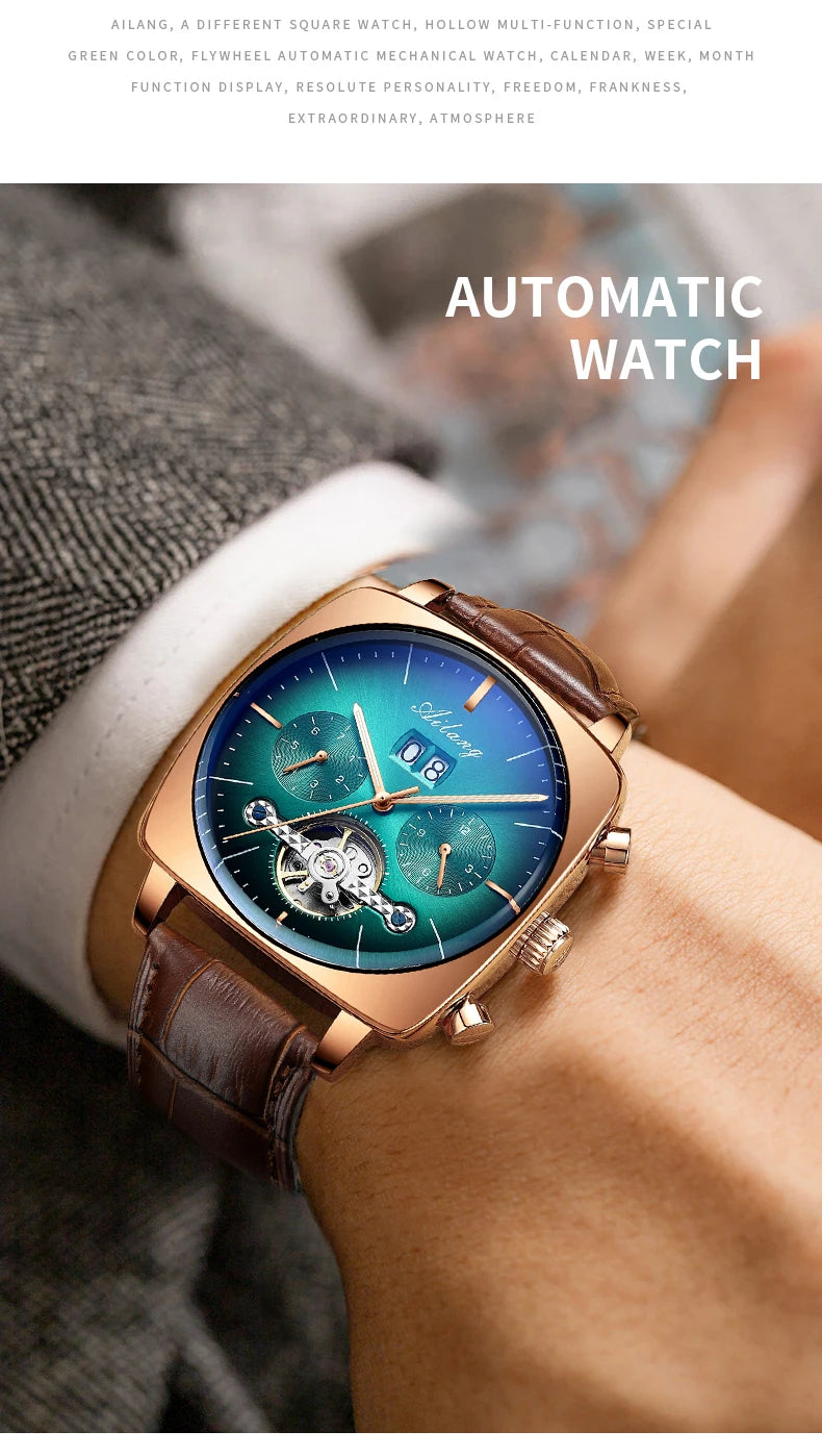AILANG Men's Automatic Mechanical Watch – Hollow Dial, Calendar, Leather Strap