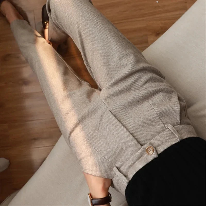 Women's High-Waist Harem Trousers – Wool-Blend Pencil Pants