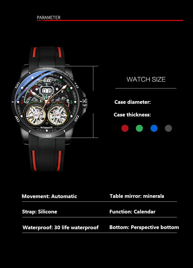AILANG Men's Automatic Mechanical Watch – Hollow Luminous Dial, Calendar