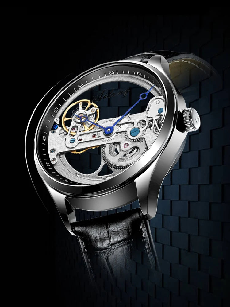 AILANG Men's Hollow Automatic Mechanical Watch – Black Leather, Skeleton Dial