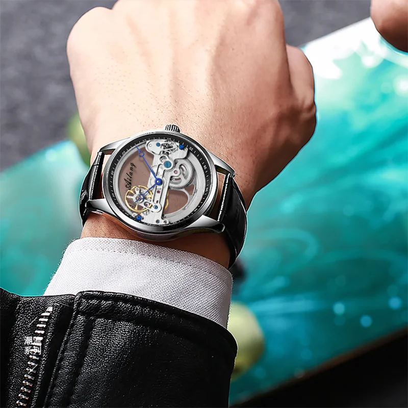 AILANG Men's Hollow Automatic Mechanical Watch – Black Leather, Skeleton Dial