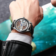 AILANG Men's Hollow Automatic Mechanical Watch – Black Leather, Skeleton Dial