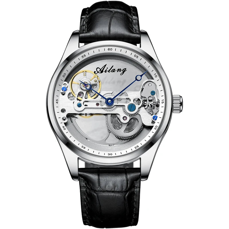 AILANG Men's Hollow Automatic Mechanical Watch – Black Leather, Skeleton Dial