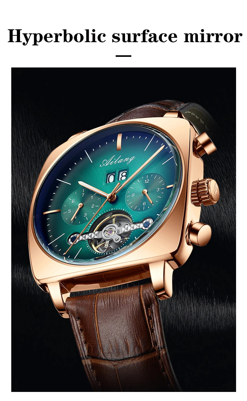 AILANG Men's Automatic Mechanical Watch – Hollow Dial, Calendar, Leather Strap