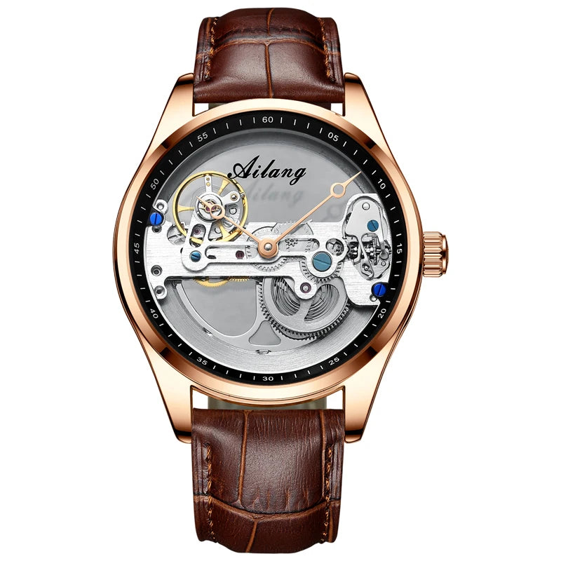 AILANG Men's Hollow Automatic Mechanical Watch – Black Leather, Skeleton Dial