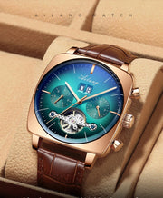 AILANG Men's Automatic Mechanical Watch – Hollow Dial, Calendar, Leather Strap