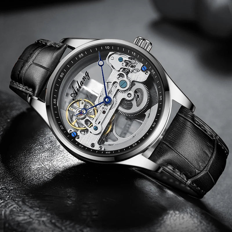 AILANG Men's Hollow Automatic Mechanical Watch – Black Leather, Skeleton Dial