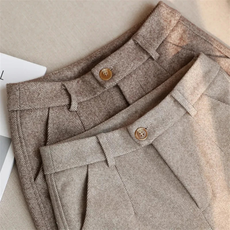 Women's High-Waist Harem Trousers – Wool-Blend Pencil Pants