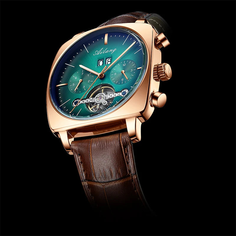 AILANG Men's Automatic Mechanical Watch – Hollow Dial, Calendar, Leather Strap