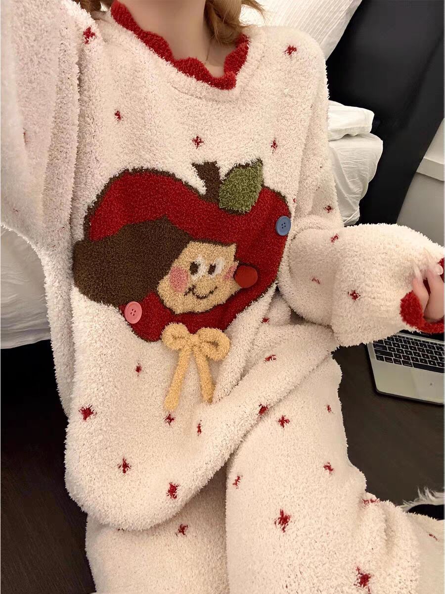 Women's Kitten Print Pyjama Suit — Thick Coral Velvet Fleece Loungewear