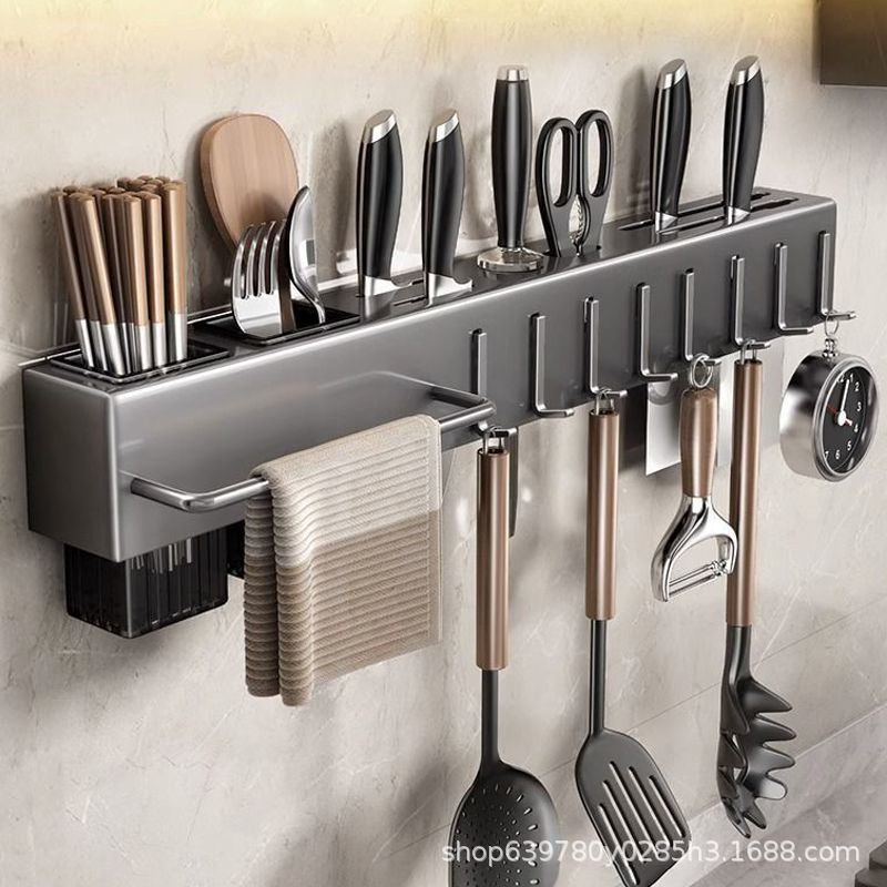 Wall-Mounted Knife Holder & Kitchen Organiser — No-Drill Rack with Hooks