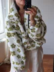 Women's Plush Floral Half-Zip Top — Warm Fleece Flower Sweatshirt Coat