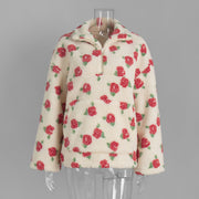 Women's Plush Floral Half-Zip Top — Warm Fleece Flower Sweatshirt Coat