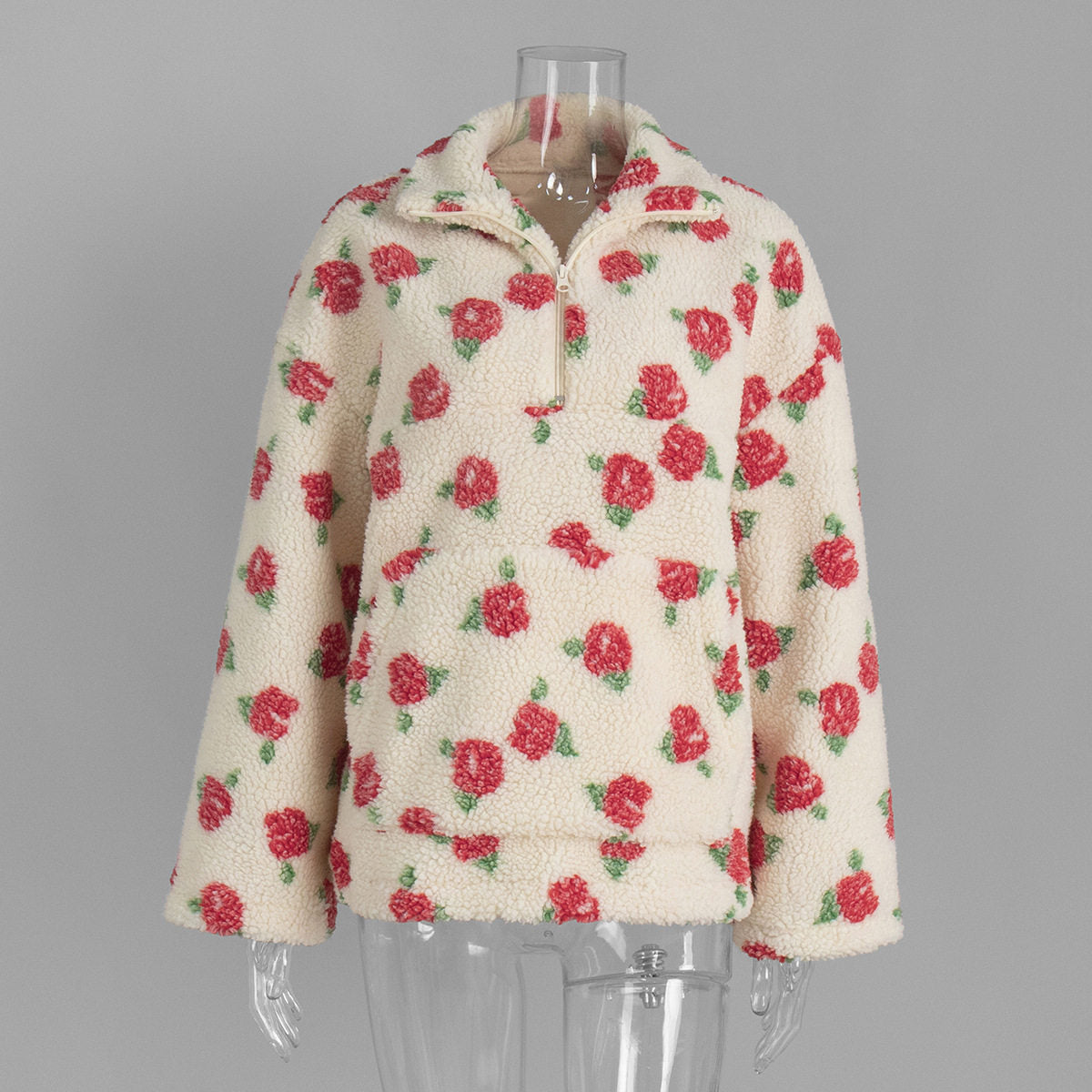 Women's Plush Floral Half-Zip Top — Warm Fleece Flower Sweatshirt Coat - photo 15