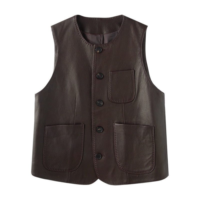 Women's Faux Leather Vest - Crew Neck, Diagonal Pocket