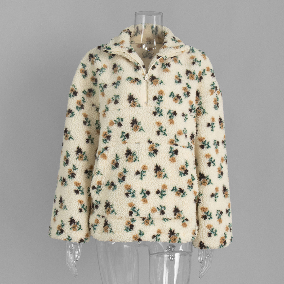 Women's Plush Floral Half-Zip Top — Warm Fleece Flower Sweatshirt Coat
