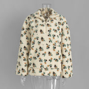 Women's Plush Floral Half-Zip Top — Warm Fleece Flower Sweatshirt Coat