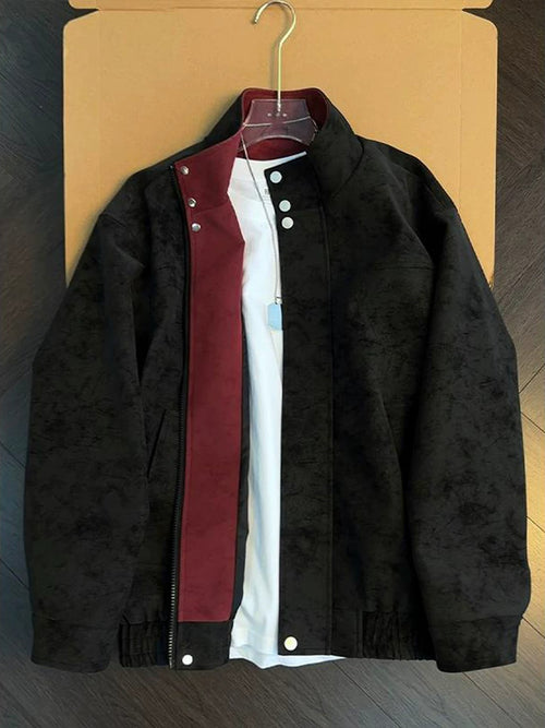 Men's Colour-Block Leather-Look Jacket - Stand Collar