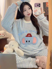 Women's Kitten Print Pyjama Suit — Thick Coral Velvet Fleece Loungewear