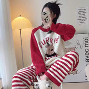 Women's Kitten Print Pyjama Suit — Thick Coral Velvet Fleece Loungewear
