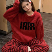 Women's Kitten Print Pyjama Suit — Thick Coral Velvet Fleece Loungewear