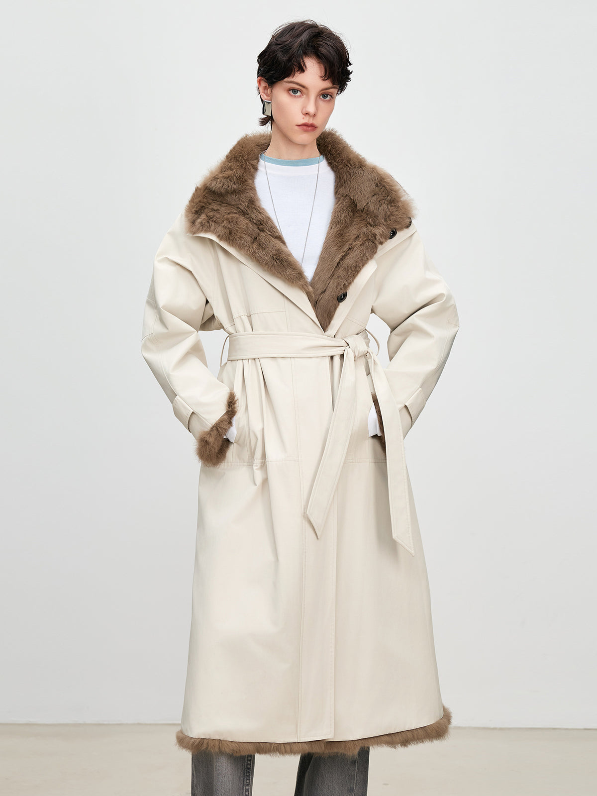 Women's Reversible Fur-Lined Long Coat - Rabbit Fur Inner