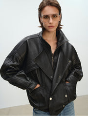Women's Vintage Faux Leather Jacket - Lapel, Structured